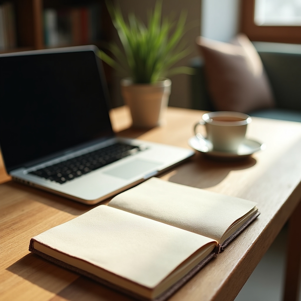 Aufgeräumter Schreibtisch mit Notizbuch, Laptop und Tasse als Arbeitsplatz für die Themenrecherche