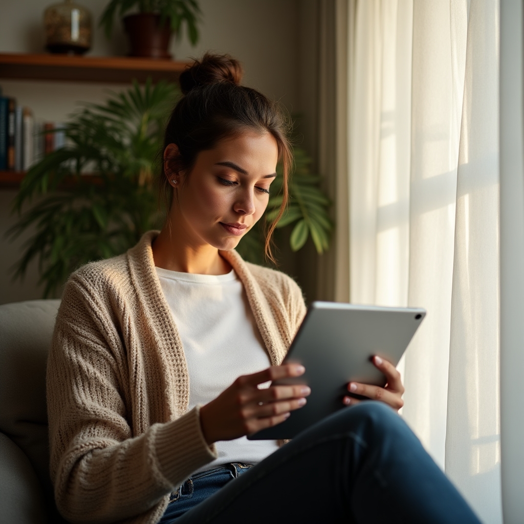 Person liest konzentriert einen Artikel über Denkfehler auf einem Tablet am Fenster