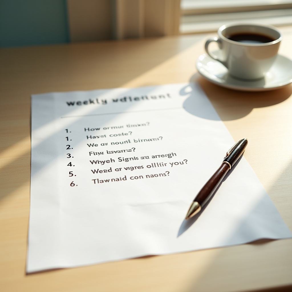 Reflexionsbogen mit sieben Fragen, Stift und Kaffeetasse von oben fotografiert