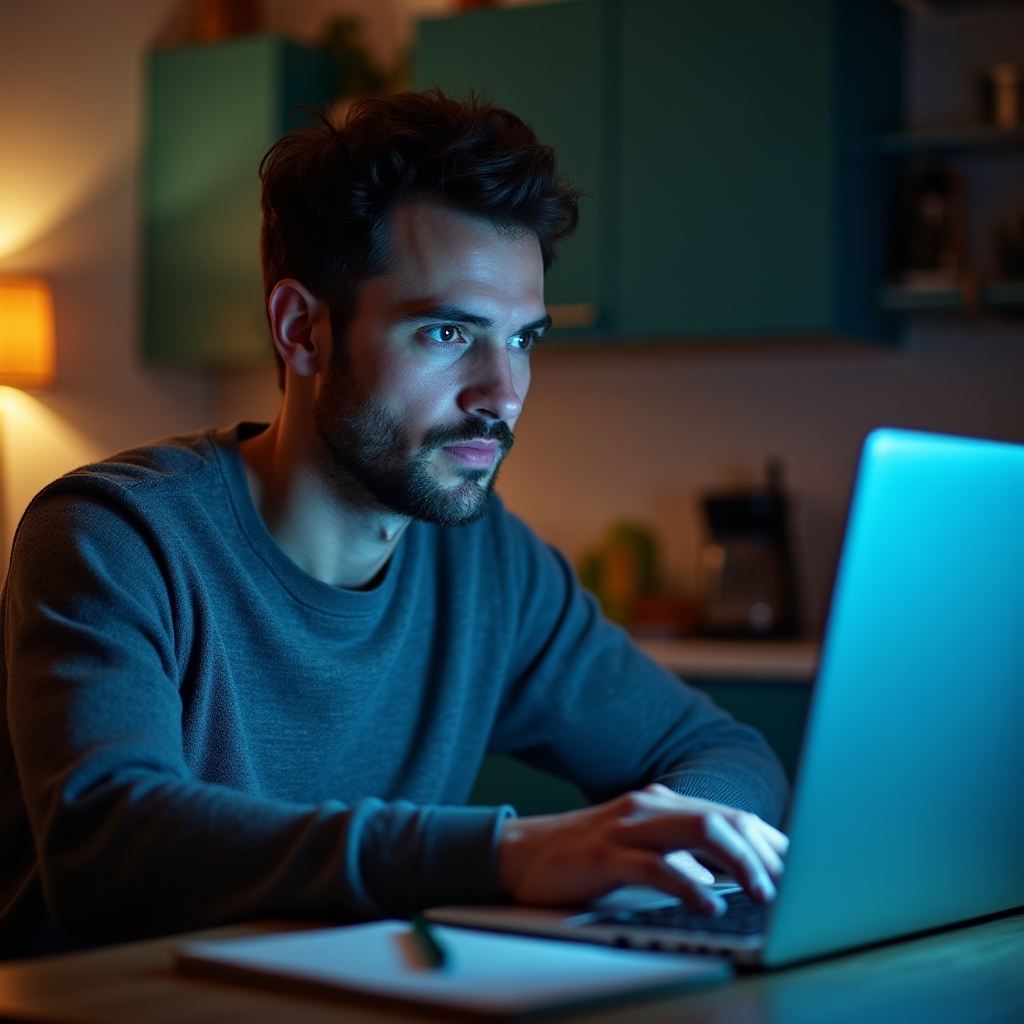 Person sitzt abends mit Laptop und Notizbuch am Tisch und beginnt mit dem ersten Modul