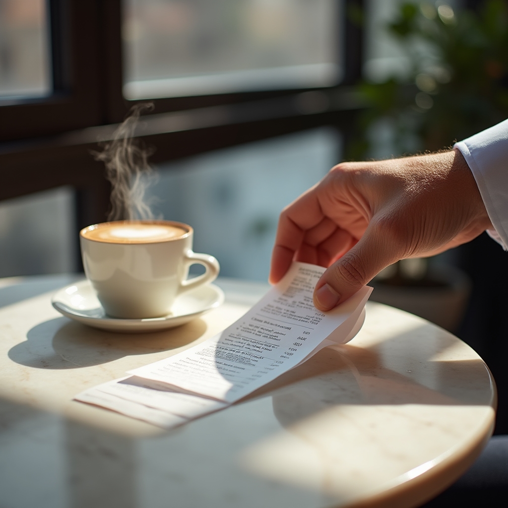 Kassenbon und Kaffeetasse auf einem Café-Tisch als Symbol für kleine Alltagsausgaben