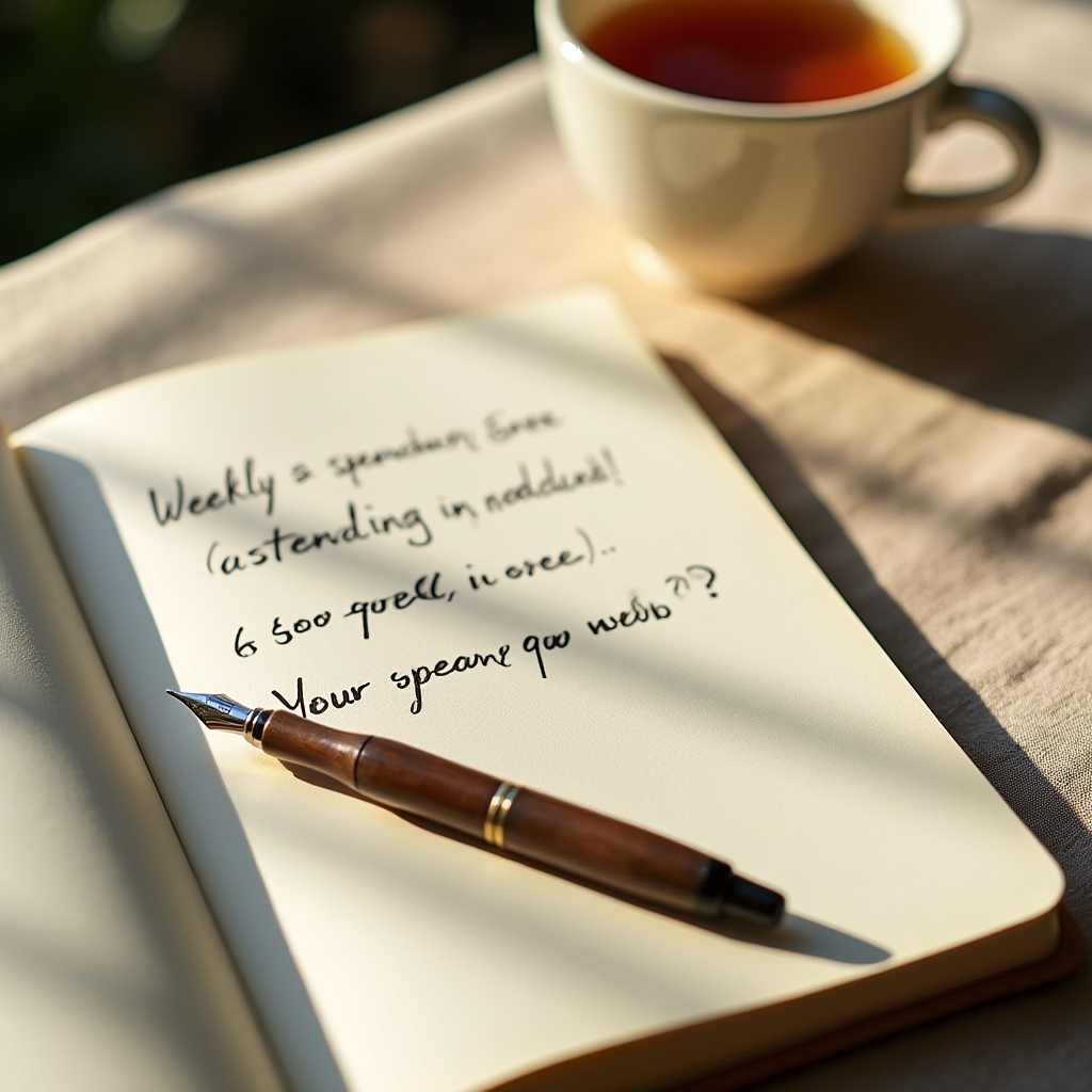 Aufgeschlagenes Notizbuch mit handschriftlichen Reflexionsfragen zu Geldentscheidungen