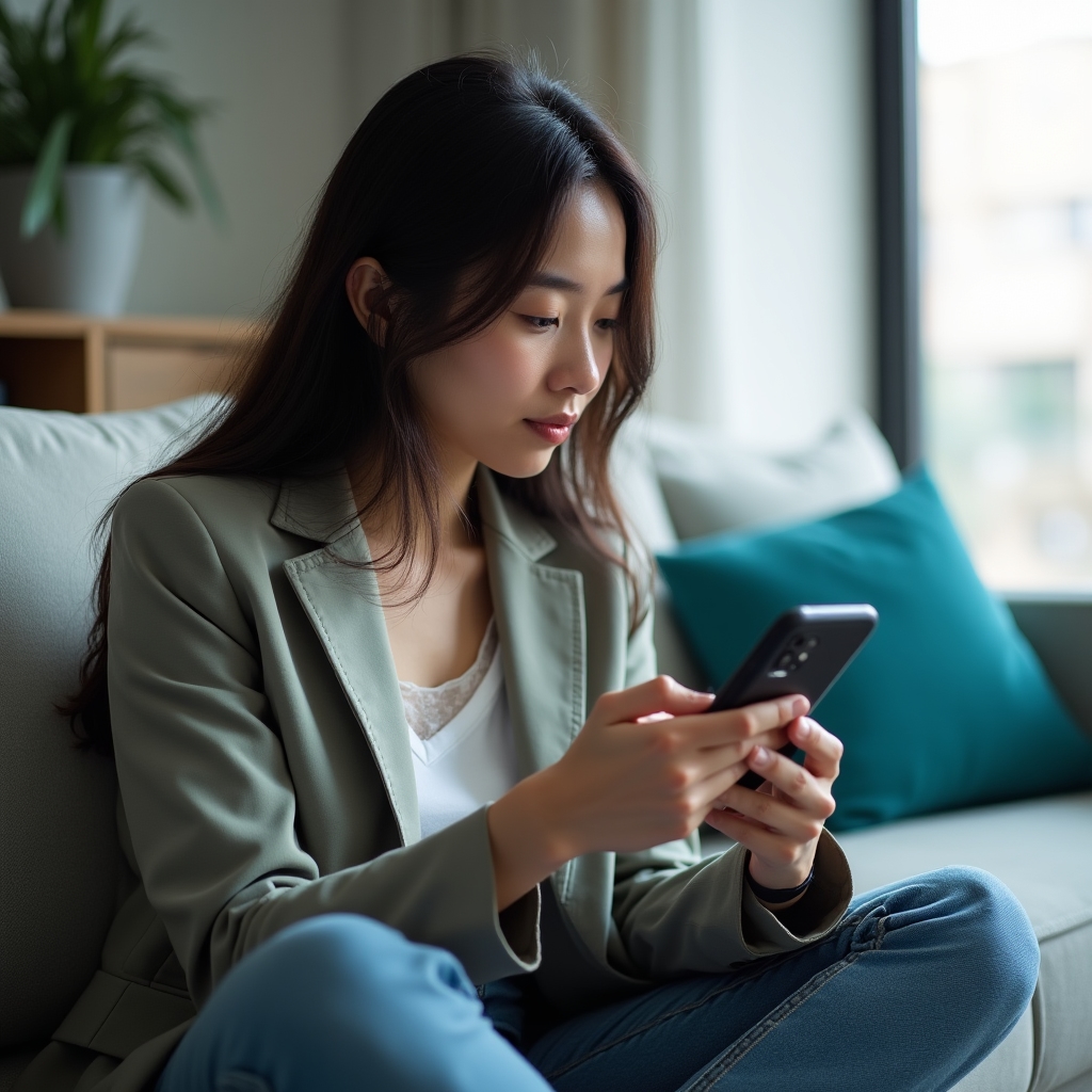 Person schaut nachdenklich auf ein Smartphone mit geöffnetem Online-Shop