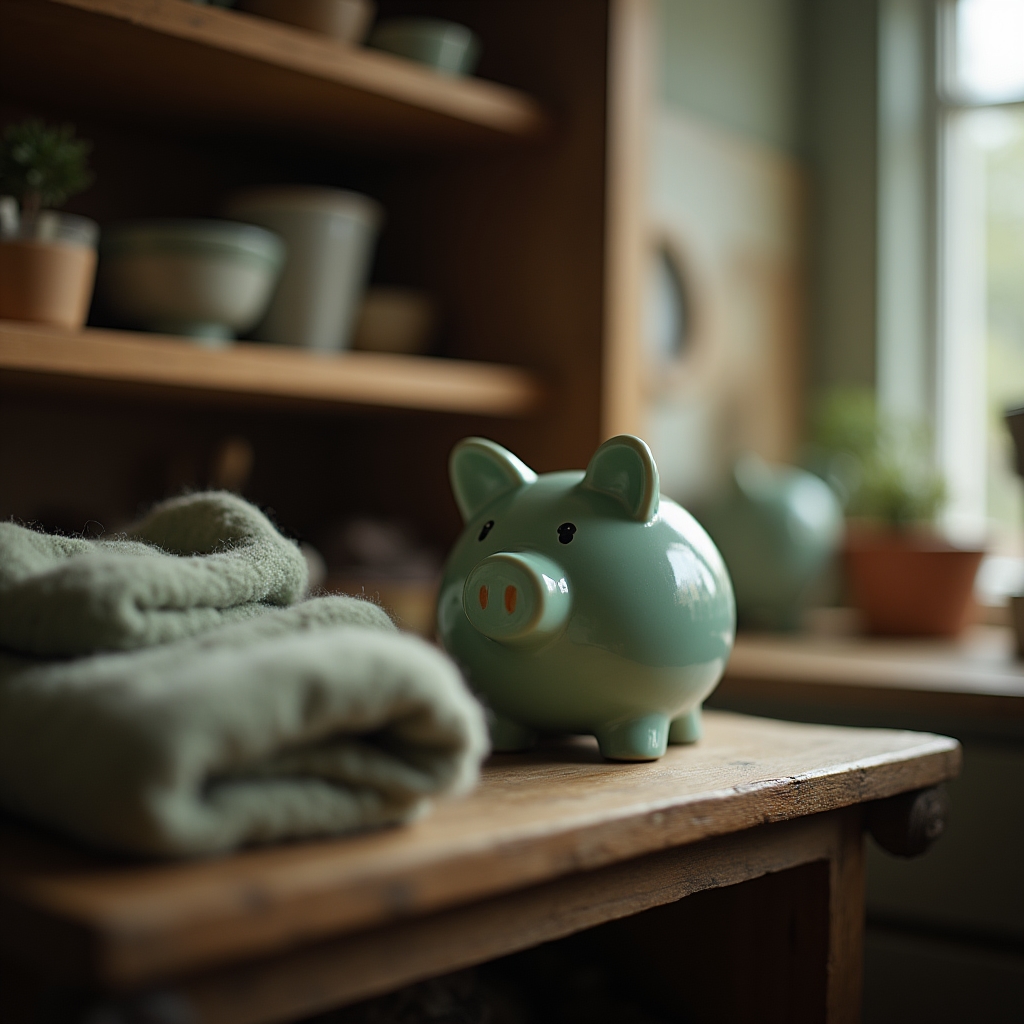 Sparschwein zwischen unbenutzten Gegenständen in einem Regal