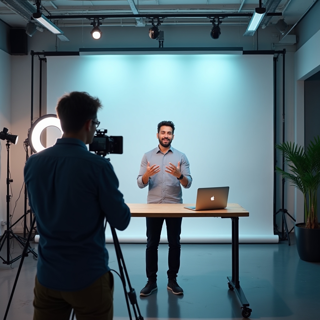 Kamera-Aufnahme eines kurzen Lernvideos in einem hellen Studio